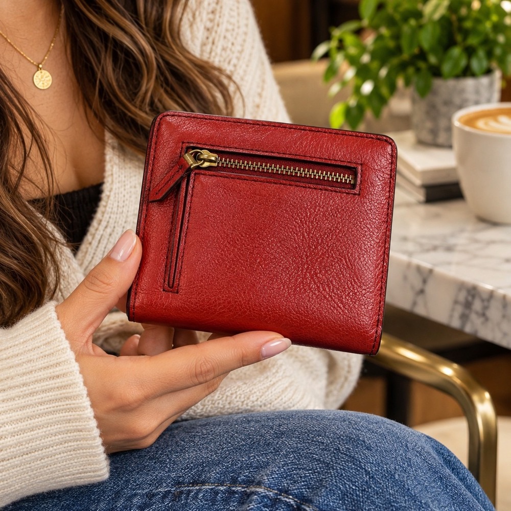 Fossil Red Leather Bifold Wallet Keyhole Snap Coin Zip Pocket Women's